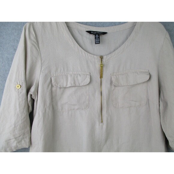 Ellen Tracy Womens Medium Linen Top Beige Tassel Zip Coastal Lagenlook Pockets - Picture 7 of 12